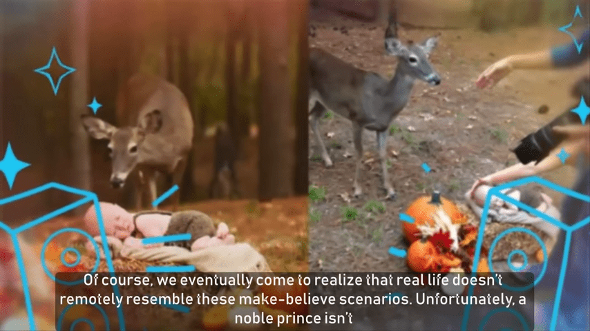 La sesión de fotos al aire libre del bebé toma un giro caprichoso cuando aparece un ciervo no invitado